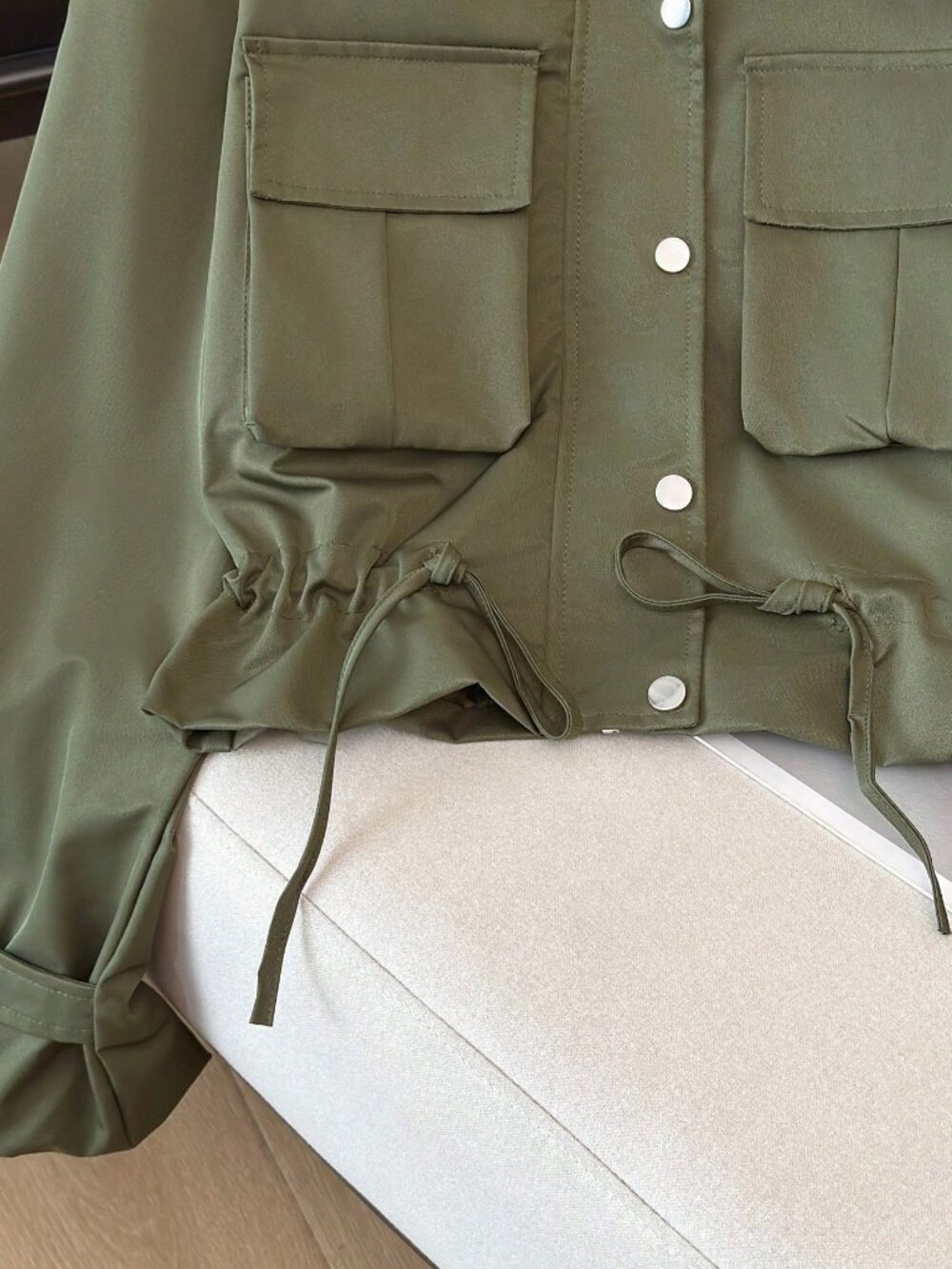 Army Green Women's Casual Multi-Pocket Funnel Neck Utility jacket - Picture 6 of 9